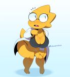 1_girl 1girl alphys alphys_(undertale) anthro anthro_only blue_background breasts chubby chubby_anthro chubby_female female female_anthro female_only furry glasses lizard lizard_girl lizard_tail monster non-mammal_breasts reptile reptile_girl reptile_tail scalie scrubforwork simple_background solo solo_anthro solo_female tail twitter_username undertale undertale_(series) yellow_body yellow_skin