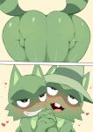 anthro ass ass_to_ass backsack balls big_ass blush clothing duo fur genitals green_body green_fur happy_tree_friends hat hat_only headgear headgear_only headwear headwear_only lifty lifty_(htf) looking_at_viewer male male/male mammal mostly_nude nude raccoon shifty shifty_(htf) umisag85rabb99