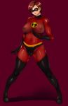  1girl bodysuit boots breasts brown_eyes brown_hair disney domino_mask elastigirl elbow_gloves erect_nipples ganto gloves large_breasts latex latex_gloves looking_at_viewer mask milf nipples no_bra see-through short_hair simple_background skin_tight solo spread_legs the_incredibles thigh_boots thighhighs 