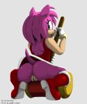 1girl 1girl amy_rose anthro anus artist_name ass big_ass boots bubble_butt clothed clothing crouching dat_ass dress eulipotyphlan eyelashes footwear furry genitals glistening glistening_body glistening_skin gloves grey_background hair hammer handwear hedgehog high_res latchk3y looking_at_viewer looking_back looking_back_at_viewer mammal no_underwear open_mouth piko_piko_hammer pussy rear_view sega short_hair short_tail simple_background sonic_the_hedgehog_(series) thick_thighs tiptoes tools video_games weapon 