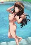  1girl big_breasts brunette chitanda_eru huge_ass hyouka looking_at_viewer nude palcomix pool poolside smile v 