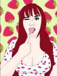  big_breasts black_eyes breasts light-skinned_female light_skin pale-skinned_female pale_skin red_hair strawberry strawberry_print streamer tongue tongue_out twitter windy_girk wink youtube 