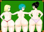  3_girls android_18 bulma_brief bxblazexd chichi dragon_ball dragon_ball_z huge_ass looking_at_viewer looking_back nude panties pink_pastors rd_panties red_thong thick_thighs thong topless wide_hips 