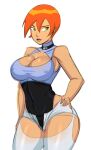  1girl 1girl ben_10 big_breasts breasts cartoon_network choker cleavage clothing curvaceous curvy curvy_figure donchibi female_focus female_only future_gwen_tennyson green_eyes grin gwen_tennyson hand_on_hip hips lips lipstick long_hair looking_at_viewer milf nipple_bulge orange_hair pants ponytail smile smiling_at_viewer thick_thighs tied_hair tight_clothing voluptuous wide_hips 