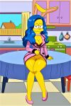 blue_hair bottomless bra breasts flashing marge_simpson no_panties pearls shaved_pussy the_simpsons thighs yellow_skin