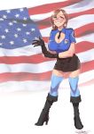  1girl absurdres american_flag badge boots breasts brown_hair cleavage cleavage_cutout earrings female glasses gloves green_eyes grin high_heels highres huge_breasts jewelry melkormancin miniskirt name_tag necktie parted_lips police_woman short_hair signature skirt smile solo standing sydney thighhighs transportation_security_administration uniform zettai_ryouiki 