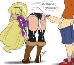  1boy 1girl aeolus after_sex ass bent_over biting_lip black_panties blonde_hair boots colored cum cum_drip cum_in_pussy cum_on_ass dipper_pines edit english_text erect_penis erection gravity_falls hairband leaning_forward long_hair looking_back pacifica_northwest panties platform_footwear shorts shorts_down speech_bubble stockings wedge_heels 
