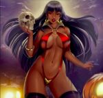  1girl alluring armlet big_breasts black_hair breasts chel cleavage dark-skinned_female dark_skin darkra dc_comics dreamworks earrings jack-o&#039;-lantern latina legs long_hair looking_at_viewer navel non-nude outside presenting purple_hair red_clothes red_eyes revealing_clothes sexy skimpy_clothes skimpy_outfit skull sling_bikini slut standing stomach the_road_to_el_dorado thick thick_thighs thigh_high_boots toned two_tone_hair vampirella vampirella_(cosplay) vampirella_(series) wide_hips 