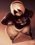  1girl ass big_ass big_breasts big_hips big_thighs black_headwear blindfold blush bottom_heavy bottomless breasts cleavage clothed_female coffeeslice female_focus female_only gloves hand_on_hip huge_ass huge_thighs leotard looking_at_viewer nier:_automata robot short_hair solo_female solo_focus standing stockings sweat tagme thick_thighs thighs video_game_character video_game_franchise voluptuous white_hair wide_hips yorha_2b yorha_no._2_type_b 