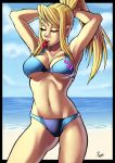  alluring andre_parsa artist_request beach bikini blonde_hair metroid samus_aran swimsuit water 