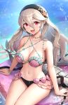 1girl :d absurd_res alluring alternate_costume arm_support bangs bare_arms bare_shoulders big_breasts black_hairband blush breasts cleavage corrin_(fire_emblem) corrin_(fire_emblem)_(female) cowboy_shot female_only fire_emblem fire_emblem_cipher fire_emblem_fates gonzarez grey_hair hair_between_eyes hairband high_res long_hair looking_at_viewer navel nintendo official_alternate_costume open_mouth red_eyes shell shell_bikini sitting smile stomach thighs very_long_hair