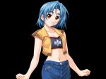  1girl :d ^_^ animated animated_gif bandeau black_background blue_hair blush breast breast_expansion breasts bursting_breasts casual closed_eyes crop_top denim game_cg gif hair hentai huge_breasts ikeda_yasuhiro jeans meiji_miruku midriff naughty_face navel no_bra onedari_milky_pie open_clothes open_mouth open_shirt orange_eyes pants shirt short_hair simple_background smile solo strapless taut_clothes taut_shirt tubetop underboob 