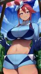  1girl bangs belly belly_button big_breasts big_eyes blue_eyes blue_gloves blue_jacket blue_shorts blue_sky blush breasts clothed clothed_female clothing cropped_jacket day eye_contact feet_out_of_frame female_focus female_only game_freak gloves hair_between_eyes hair_ornament high_res high_resolution hizake huge_breasts jacket kashu_(hizake) long_hair looking_at_viewer midriff navel nintendo one_side_up open_mouth open_smile pokemon pokemon_bw pokemon_bw2 pulling red_hair redhead short_hair_with_long_locks short_shorts shorts sidelocks skyla_(pokemon) smile solo_female solo_focus standing tan_body thin_waist tied_hair video_game_character video_game_franchise viewed_from_below wide_eyed window 