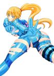  1girl ass clenched_hand from_behind jeibii metroid samus_aran solo torn_clothes zero_suit 