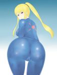  1girl ass blonde_hair blue_eyes blush bodysuit breasts cameltoe gosuton high_res highres huge_ass large_breasts long_hair looking_back metroid ponytail pov_ass samus_aran simple_background skin_tight solo tsundere zero_suit 