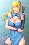  1girl big_breasts blonde_hair blue_eyes breasts bridal_gauntlets china_dress chinese_clothes cleavage cleavage_cutout clothed_navel covered_navel dress fan folding_fan high_res highres kuroma_(atapi) large_breasts long_hair metroid ponytail samus_aran solo stockings thighhighs 