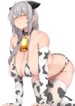  1girl big_breasts bikini blush breasts cow_bell cow_bikini cow_ears cow_horns cow_print grey_hair karatakewari swimsuit uzaki-chan_wa_asobitai! uzaki_tsuki 