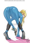  ass bent_over blonde_hair blue_eyes cameltoe hikashy metroid samus_aran weapon zero_suit 