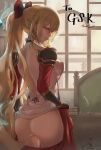  1girl 1girl 1girl ass backless_outfit blonde_hair bon_mushi book book_stack breasts chair desk granblue_fantasy high_resolution indoors long_hair looking_at_viewer looking_back nopan red_eyes red_skirt red_sleeves shirt sideboob skirt undressing very_long_hair vira_lilie white_shirt window 