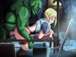 1girl armor bad_end bent_over blonde_hair blush bridle censored cum cum_in_pussy elf game_cg game_over large_penis monster orc penis pointy_ears rape sex size_difference stable sword tears usagi1942 vaginal weapon