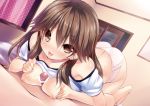  1boy 1girl bare_shoulders blush brown_eyes brown_hair butt_crack censored curtains door long_hair looking_at_viewer lying_on_person nipples original paizuri panties penis tongue tongue_out triangle! underwear 