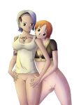 2girls alluring blue_hair bottomless breasts jinpl jinpl_(artist) naked_from_the_waist_down nami nami_(one_piece) nojiko one_piece orange_hair pussy shaved_pussy silf sisters 