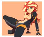  1girl breasts equestria_girls exposed_breasts female female_only fingerless_gloves friendship_is_magic jumpsuit long_hair looking_at_viewer my_little_pony no_bra partially_clothed rockset solo sunset_shimmer sunset_shimmer_(eg) two-tone_hair unzipped 