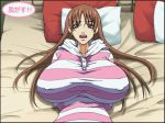  1girl animated animated_gif areolae bed bouncing_breasts breasts breasts_outside brown_eyes brown_hair closed_eyes female gif gigantic_breasts hair k.f.d kamisama_dolls long_hair lying navel nipples on_back open_mouth piero_(k.f.d) undressing 