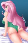  1girl 2020 ass bare_arms danmakuman female female_only fluttershy fluttershy_(mlp) friendship_is_magic green_leotard humanized leotard long_hair looking_at_viewer mostly_nude my_little_pony solo 