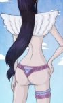 ass back bare_back black_hair blue_sky cloud clouds cloudy_sky duskchant hand_on_hip head_out_of_frame laki_(one_piece) legs long_hair looking_away one_piece panties pink_panties sky solo standing tassel thighs thong topless underwear wings
