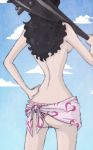 alvida ass back backboob bare_arms bare_back black_hair blue_sky breasts cloud clouds cloudy_sky club curly_hair duskchant female hand_on_hip head_out_of_frame heart legs long_hair looking_away one_piece over_shoulder panties pink_panties pink_skirt sarong sash sideboob skirt sky solo spiked_club standing striped striped_panties thighs topless underwear weapon weapon_over_shoulder