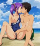  blue_hair censored couple fingering kiss purple_hair swimsuit 