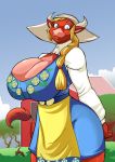  2012 big_breasts blonde_hair blue_eyes bovine braid breasts cleavage clothed clothing cow dress female hair horn house huge_breasts jaeh long_hair looking_at_viewer smile solo swedish tail_tuft tree wide_hips wood 
