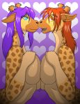 abstract_background absurd_res amber_eyes anthro big_breasts blue_eyes breast_squish breasts breasts_frottage conditional_dnp danielssj digital_media_(artwork) duo female female/female giraffe giraffid hair hi_res horn kadath looking_at_viewer mammal nude orange_hair original ossicone purple_hair puzzle_(kadath) side_view simple_background squish