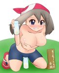  1girl artist_request big_breasts blush breasts brown_hair cleavage covering game_freak haruka_(pokemon) highres humans_of_pokemon lactation large_breasts may_(pokemon) mega_milk milk nintendo pokemon pokemon_(anime) pokemon_(game) pokemon_diamond_pearl_&amp;_platinum pokemon_dppt pokemon_rse smile solo titty_monster topless translated 