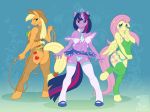  3girls anthro applejack ass assless_chaps blush bra breasts chaps cowboy_hat equine female female_only fluttershy friendship_is_magic hat hooves horn horse lace large_breasts lingerie looking_at_viewer magic miniskirt my_little_pony neck_tie pegasus pony pose school_uniform schoolgirl_uniform shy skimpy stockings tail twilight_sparkle tyelle_niko unicorn whip wings 
