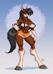 abs biceps black_hair blue_eyes breasts cleavage clydesdale eltonpot equine evelyn_rider female hair hand_on_hip high_res hooves horse long_hair looking_at_viewer mare midriff miniskirt muscle muscles muscular_female navel pose skimpy skirt solo standing suspenders tail
