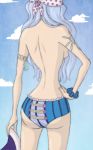 armband ass back backboob bad_anatomy bandanna bare_arms bare_back bare_shoulders blue_hair blue_panties blue_sky bracelet breasts cloud clouds cloudy_sky duskchant female flower hand_on_hip hat head_out_of_frame hips jewelry jolly_roger legs long_hair looking_away one_piece panties pirate polka_dot sideboob sky solo standing striped striped_panties tattoo thighs topless underwear vertical_stripes whitey_bay