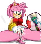  amy_rose animal_ears anthro anthro/anthro big_breasts blush breasts female female_anthro giantess green_eyes hair hairband heart hedgehog lesbian macro micro nipples panties pink_hair pussy pussy_juice sega size_difference sssonic2 tail underwear wet 