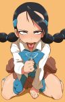 1girl ahegao ahoge black_hair blush braid candice drooling face female_only forehead gym_leader hair_ornament hairclip high_res highres hun kneel martini martini_glass pokemon pokemon_(game) pokemon_dppt saliva sexually_suggestive solo solo_female suzuna_(pokemon) sweat tongue tongue_out twin_braids twin_tails 
