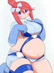  1girl belly blue_eyes chubby cute fat fuuro_(pokemon) gym_leader plump pokemon red_hair skyla 