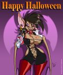 bat big_breasts black_hair boots breasts choker cleavage dripping ear_piercing earring eltonpot female gloves hair halloween happy_halloween looking_at_viewer piercing solo standing tongue wings