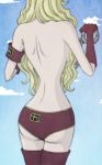  armband ass back backboob bare_back blonde_hair blue_sky breasts chains cloud clouds cloudy_sky cuffs domino_(one_piece) duskchant female gloves hair_over_breasts handcuffs head_out_of_frame legs long_hair looking_away one_piece panties red_gloves red_panties sideboob sky solo standing thighhighs thighs topless underwear 