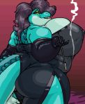 ass big_ass big_breasts blue_skin breasts chubby cigarette clothing color female hair huge_breasts long_hair nipples obese original original_character overweight purple_hair reptile scalie smoke solo thighs vdisco yellow_eyes