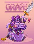 anthro big_breasts breasts cat clothed clothing eltonpot feline female grape grape_(eltonpot) hair huge_breasts hyper hyper_breasts kneel kneeling long_hair looking_at_viewer nipples polearm purple purple_hair solo spear tail torn_clothing weapon