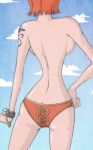  ass back backboob bare_arms bare_back bare_legs big_breasts blue_sky bracelet breasts butt_crack cloud cloudy_sky duskchant hand_on_hip head_out_of_frame jewelry large_breasts legs log_pose looking_away nami nami_(one_piece) one_piece orange_eyes orange_hair orange_panties panties short_hair sideboob sky solo standing straw_hat_pirates tattoo tattooed_arm thighs topless underwear 