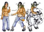  big_breasts bovine breasts female fenris49 green_hair hair hat hooves huge_breasts human lactating plain_background solo transformation white_background 