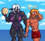  abs ball beach biceps big_breasts breasts bruise clothing dark_elf demien drow elf female hair human humanoid male muscle muscles muscular_female pecs pointy_ears pussy seaside shorts skimpy stars translucent volleyball water what white_hair 