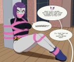 angry arms_tied_behind_back bennypaan bondage bound_ankles bound_legs dc_comics english_text gag gagged jinx leotard purple_eyes purple_hair rachel_roth raven_(dc) teen_titans