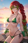 1girl ai_generated bikini demon_slayer female_only green_bikini hentai kanroji_mitsuri mitsuri_kanroji sunset trynectar.ai waifu2x